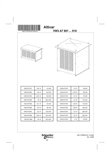 schneider施耐德Instruction sheet - Hoist resistors - VW3A7801 ... 818